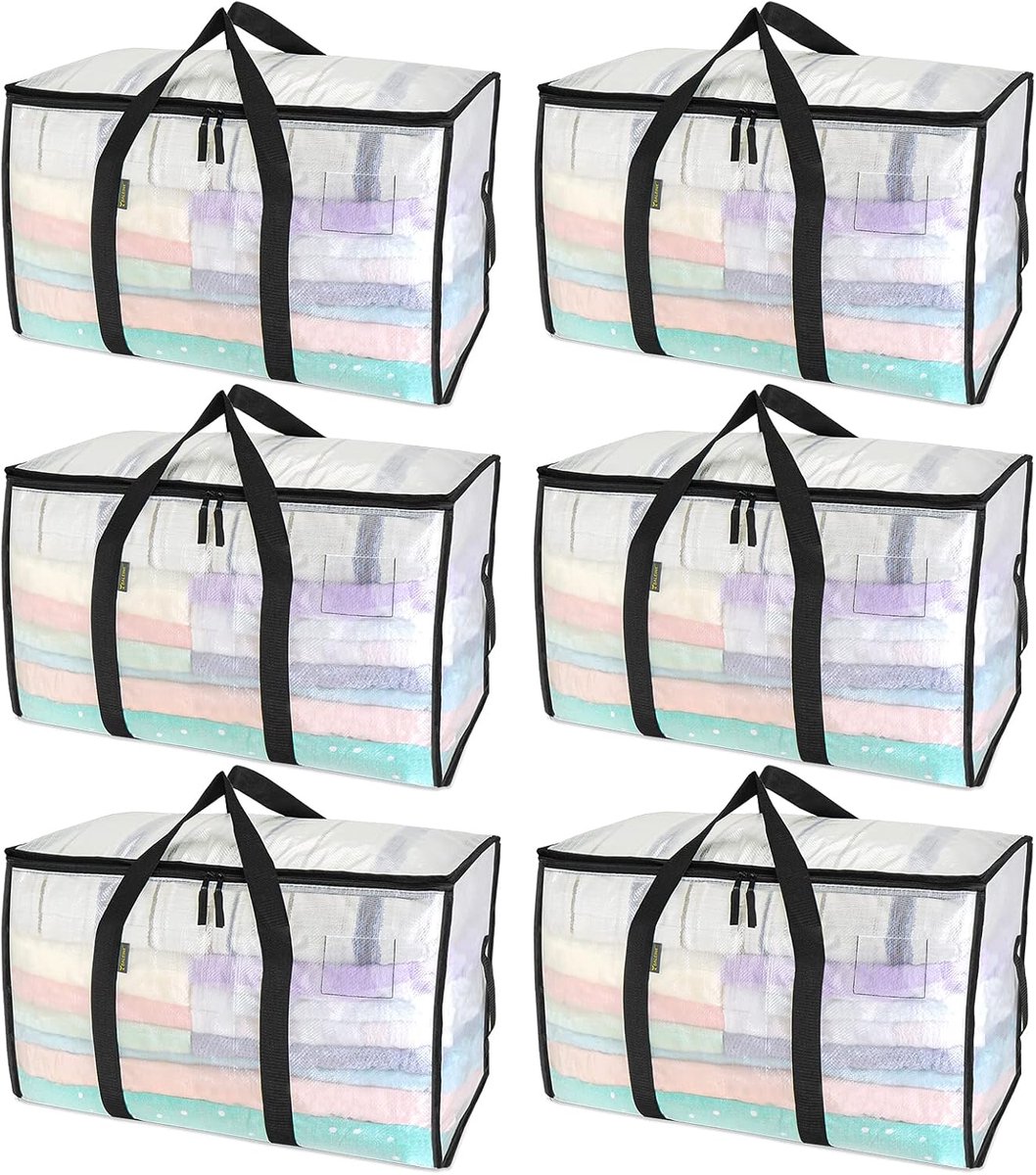 OLOEY Set van 6 extra grote verhuiszakken met verstevigde handvatten-stevige opbergzakken voor kleding en verhuisbenodigdheden (doorzichtig-set van 6)