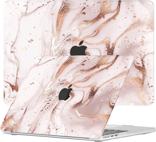 MacBook Air met marmeren hoes met roze en gouden aderen. Apple logo zichtbaar.