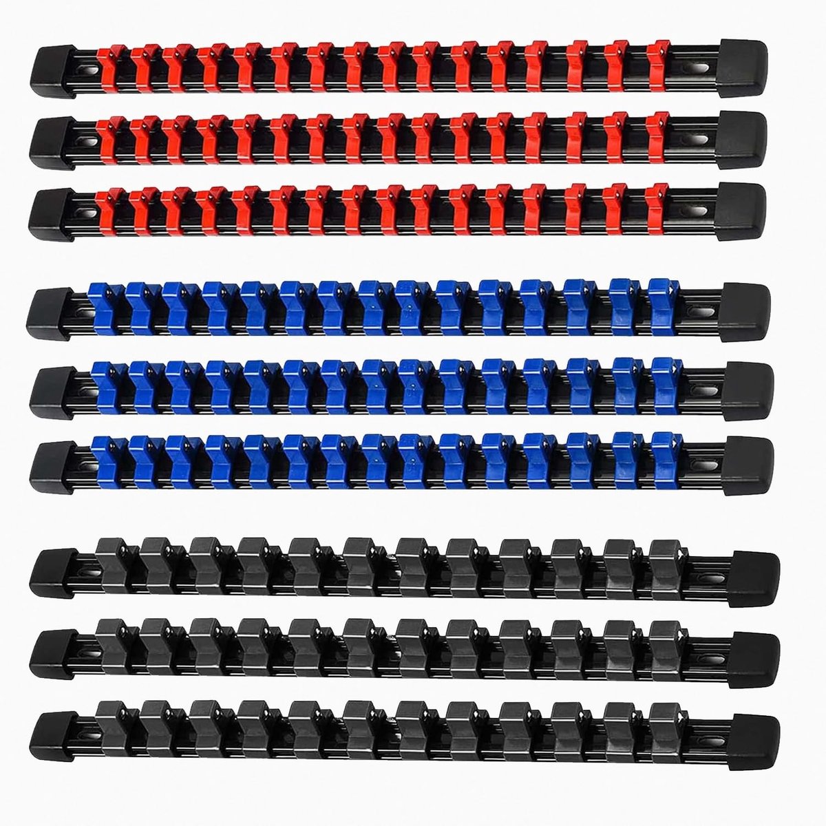 Dailygoods- Doppenhouder Set 9 Rails - Doppen Organizer - Metrische/SAE Doppen - Duurzaam ABS - 129 Clips - Plat Ontwerp 33,8 cm - Doppenorganizer