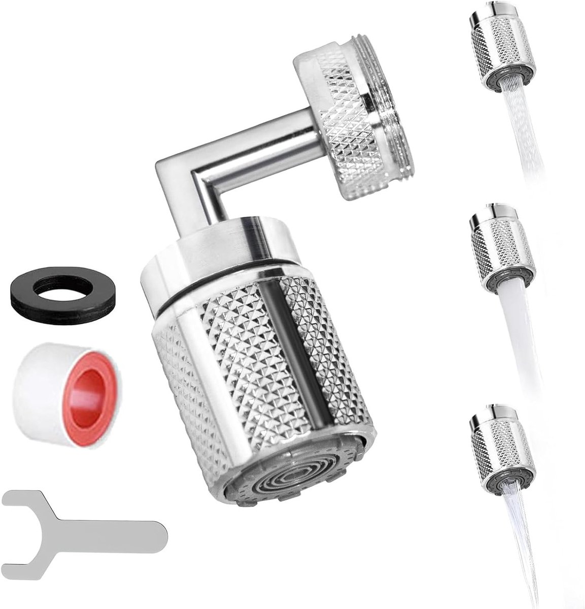 Waterbesparende kraanaccessoire met 720° draaibare spuitmond, 2 standen en verlengarm voor