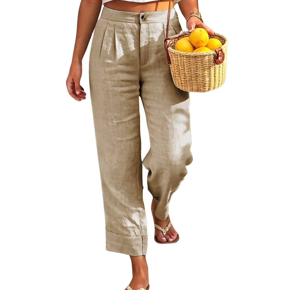 Currero Linnen Broek Dames Zomerbroek Volwassenen Lange Broek Pantalon Strandbroek Zomer Ibiza Stijl L Geelbruin