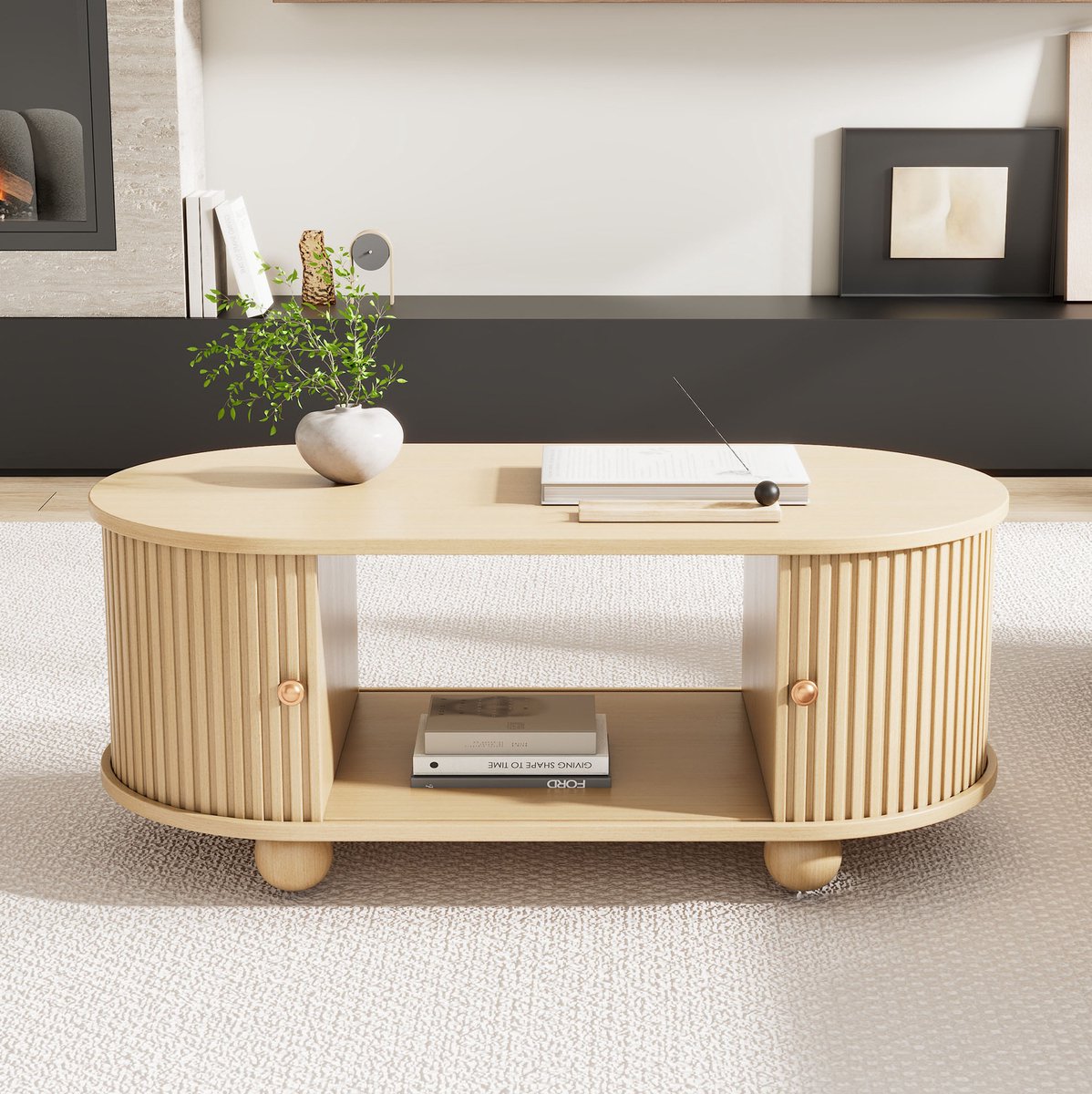 DESMIU Ovale Salontafel Met Opbergruimte En Schuifdeuren Voor Kleine Woonkamers Van MDF In Houtkleur 100 X 50 X 40 Cm Eik