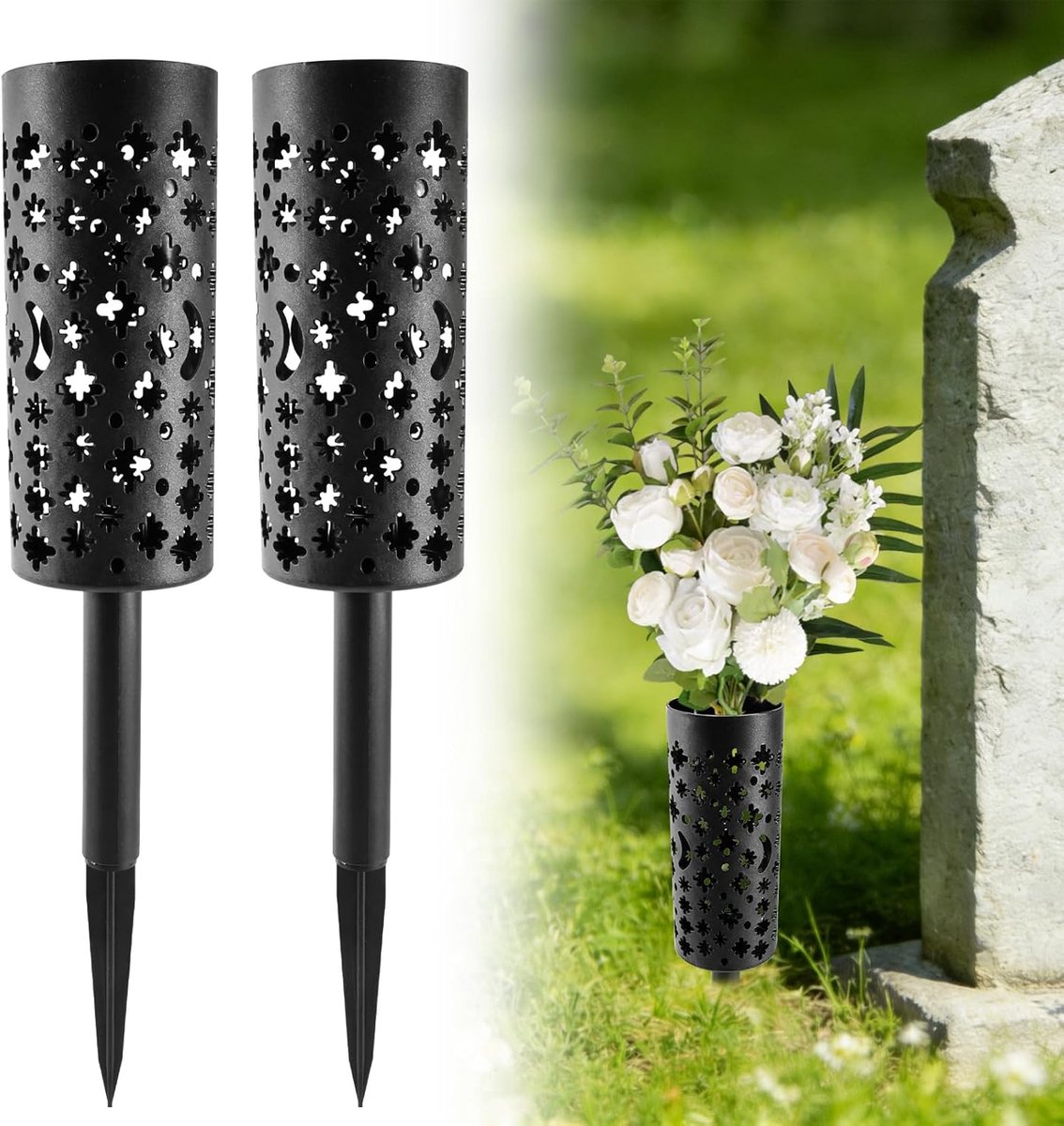 Grafe Vaas - Herdenkingsvaas - Bloemen Presenteren - Met Grondpin - 2 Stuks - Zwart