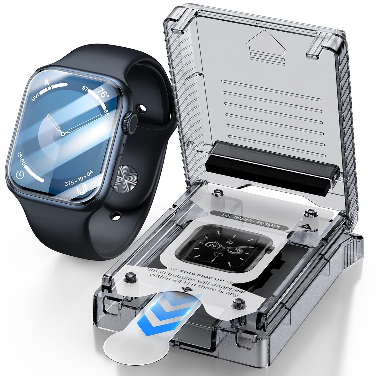 Dailygoods- Beschermfolie HD-helder - Apple Watch 44mm/45mm - Krasbescherming - Zelfherstellende functie - Blaasvrij - Eenvoudige installatie met stofverwijderingsdoos - Schermbeschermer