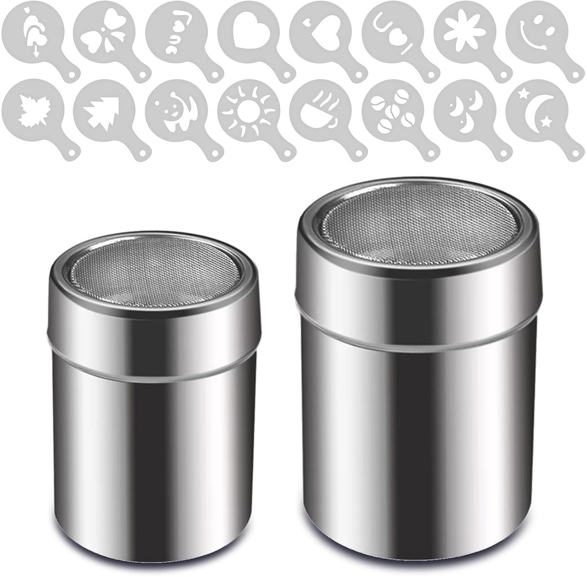 Dailygoods - Poedersuiker en Cacao Shaker Set - Roestvrijstalen Shakers met 16 Latte Art Sjablonen