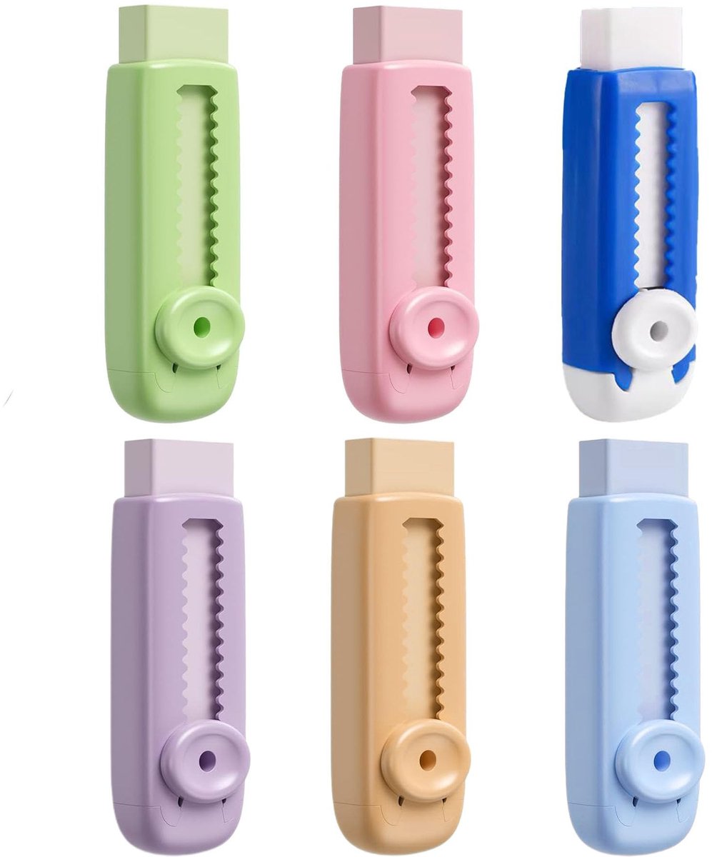 Dailygoods- Rubbergum Intrekbaar - 6 Stuks - Grote Gummetjes - Verschillende Kleuren - Voor Scholieren - Compact Ontwerp - Gummetje