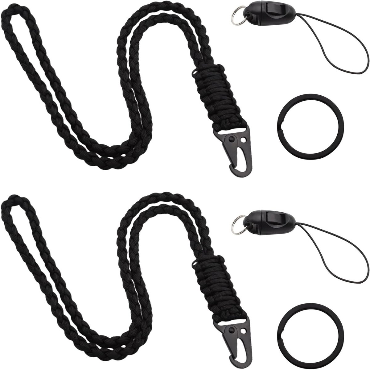 Set van 2 Paracord Lanyards, Zwart Vlechtkoord met Karabijnhaak, Ideaal voor Sleutels, ID Kaarten en Outdoor Activiteiten zoals Kamperen en Dagelijks Gebruik