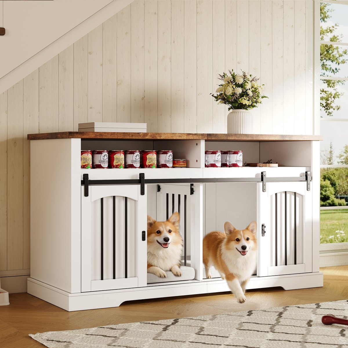 PHOEBE CAT Hondenbench - TV-kast - Schuifdeuren - Met slot - Verwijderbare tussenschotten - Houtlook - 153 x 60 x 85 cm - Wit + Bruin