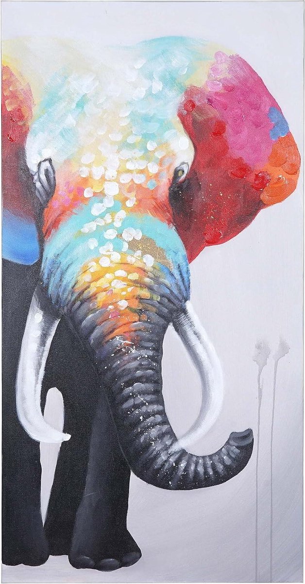 Olieverfschilderij Olifant - Handgeschilderd Canvas - Wanddecoratie - Uniek Kunstwerk - 140x70cm - Meerkleurig
