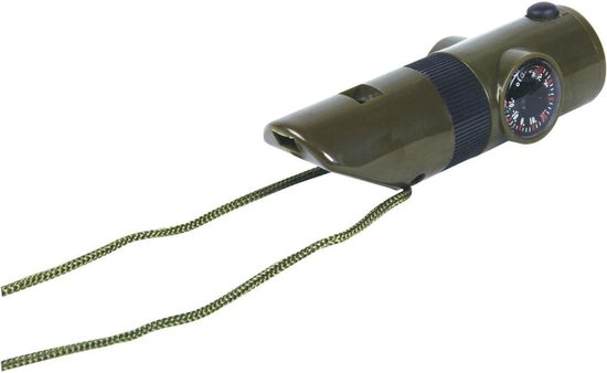 Groen 7-in-1 survival fluitje met kompas, licht en vergrootglas.
