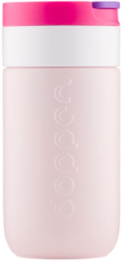 Lichtroze Dopper thermosbeker met witte band en fuchsia-paarse dop.