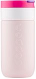 Lichtroze Dopper thermosbeker met witte band en fuchsia-paarse dop.