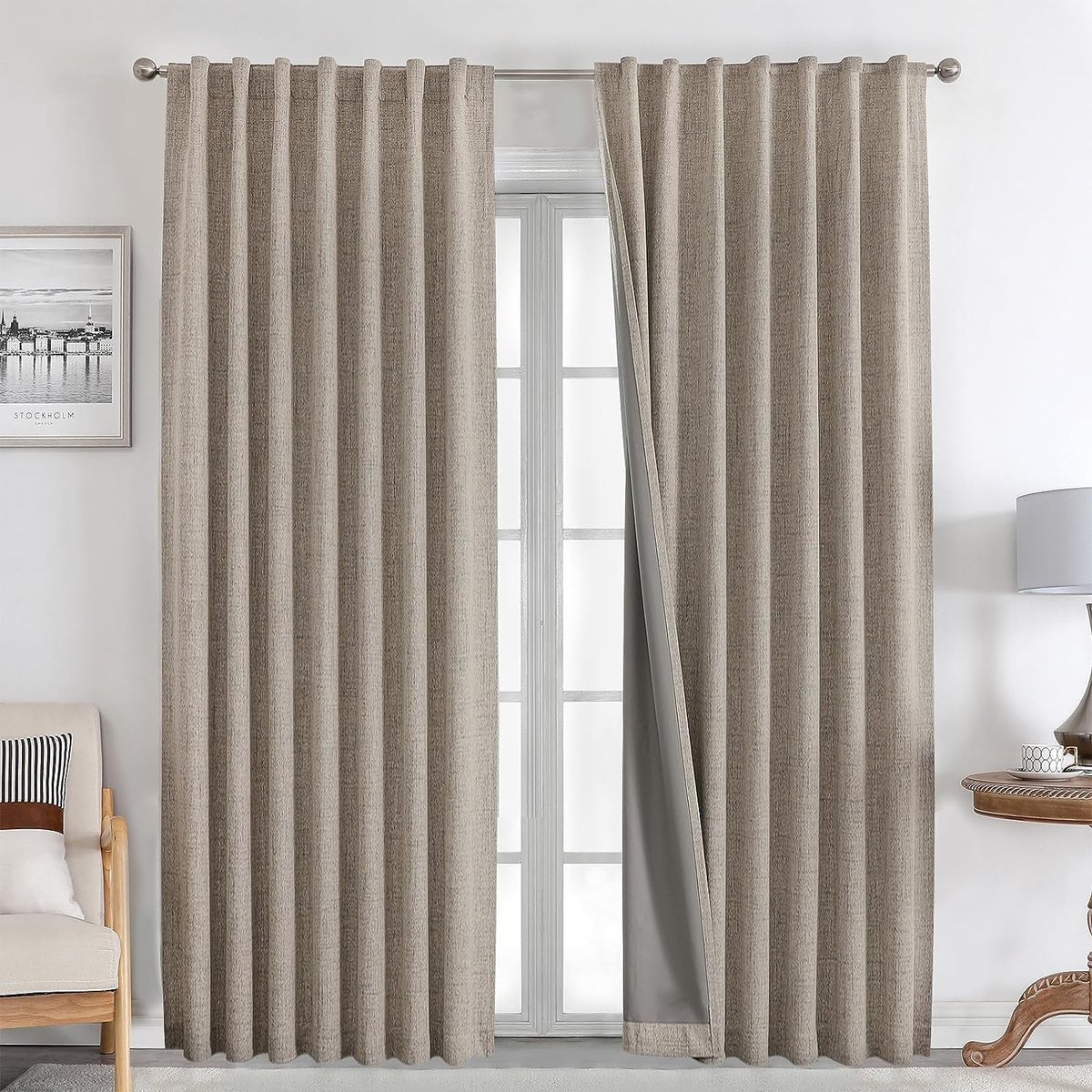 100% ondoorzichtige gordijnen met lussen, linnen uitstraling, 2 stuks, verduisterende gordijnen met trekkoord, thermische gordijnen, warmtebescherming voor de woonkamer
