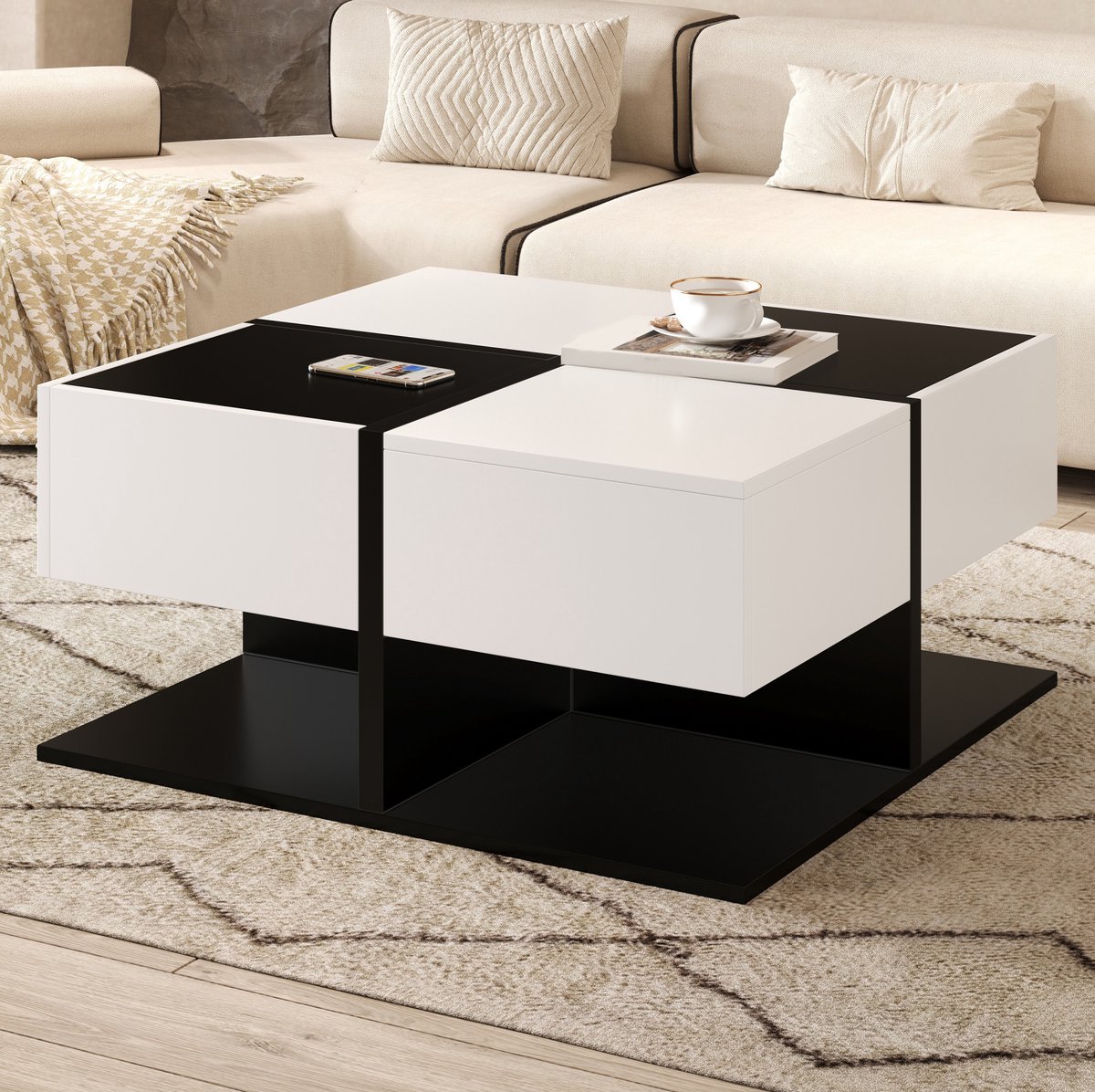 HAUSS SPOLE Salontafel - Vierkant Met 2 Lades En Verborgen Opbergruimte - Modern Voor Woonkamer - Spaanplaat - 70x70x35,5 Cm - Zwart Wit
