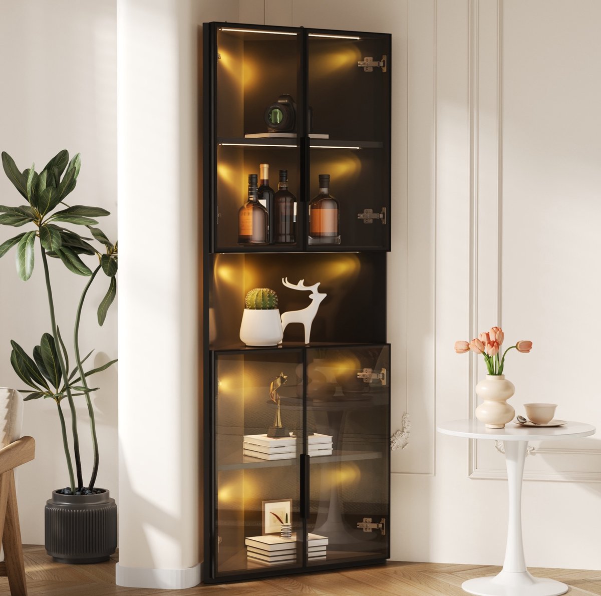 STILVORA Vitrinekast - Driehoekige Hoekkast Met Ledverlichting En Open Middenvak - Voor Woonkamer Of Kantoor - Zwart MDF - 62x32x160 Cm