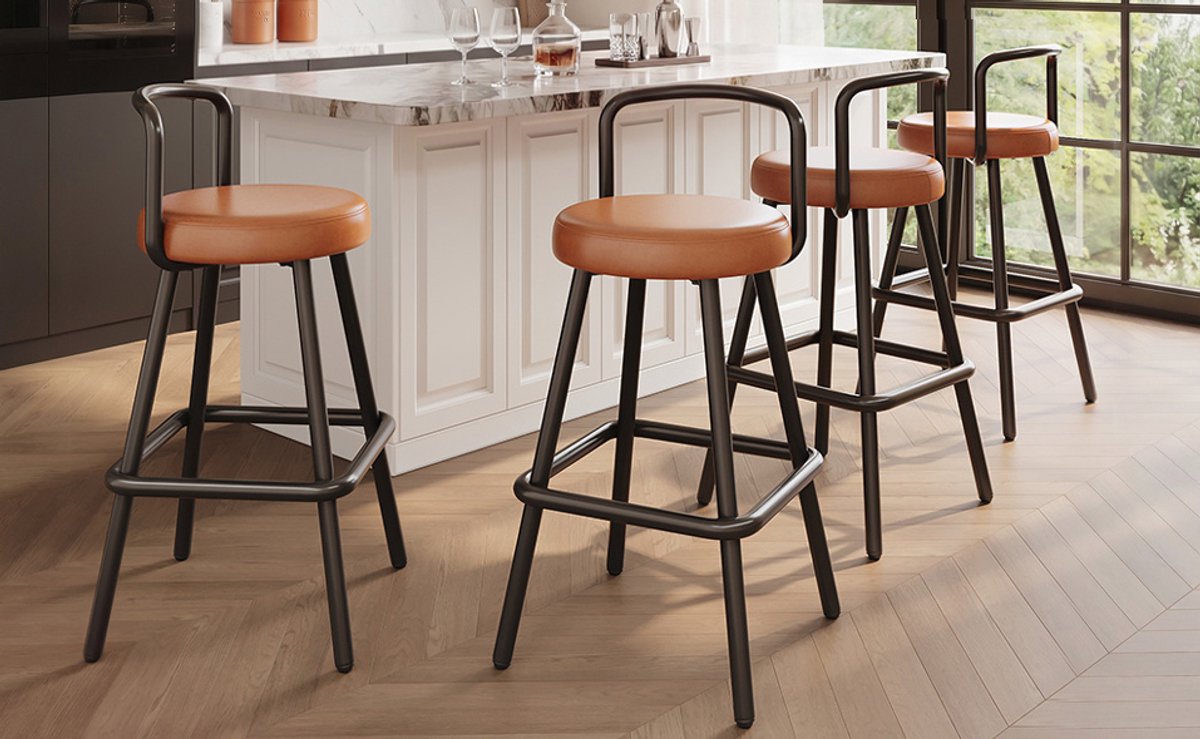 DESMIU Barkruk - Set Van 4 - Ergonomische Rugleuning Met Voetsteun - Voor Bar, Keuken En Eetkamer - Kunstleer En Metaal - Bruin