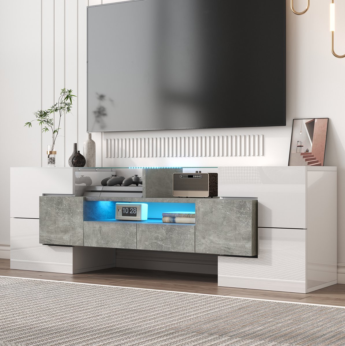 HAUSS SPOLE Dressoir TV-Meubel - Hoogglans Wit Met Ledverlichting En Veel Opbergruimte - Voor Woonkamer - 145 x 30 x 51 cm