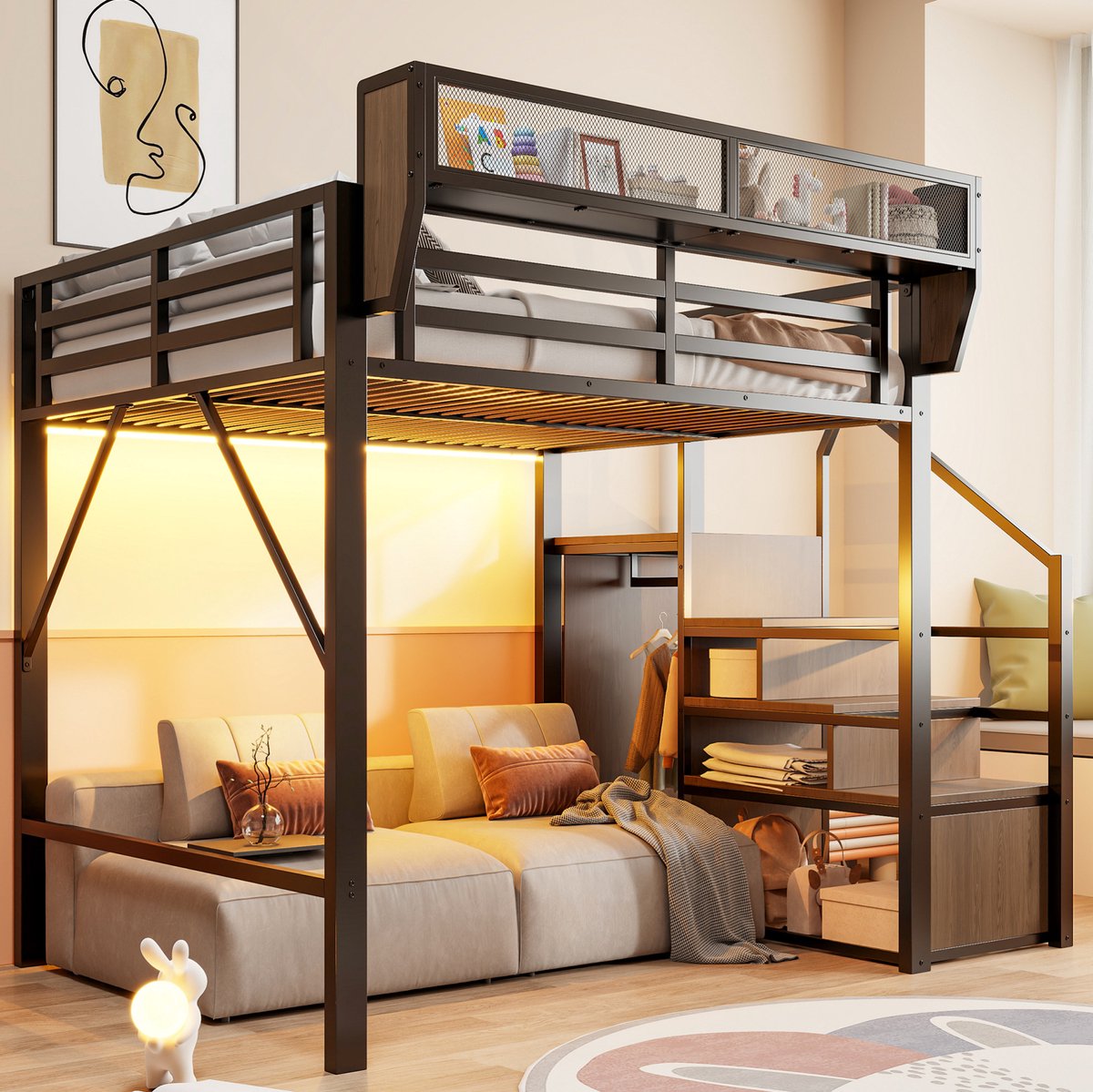 MIVRAY Hoogslaper 140x200 cm Zonder Matras - Met LED Verlichting en Flexibel Opbergrek - Veiligheidsladder - Metaal en MDF - Zwart
