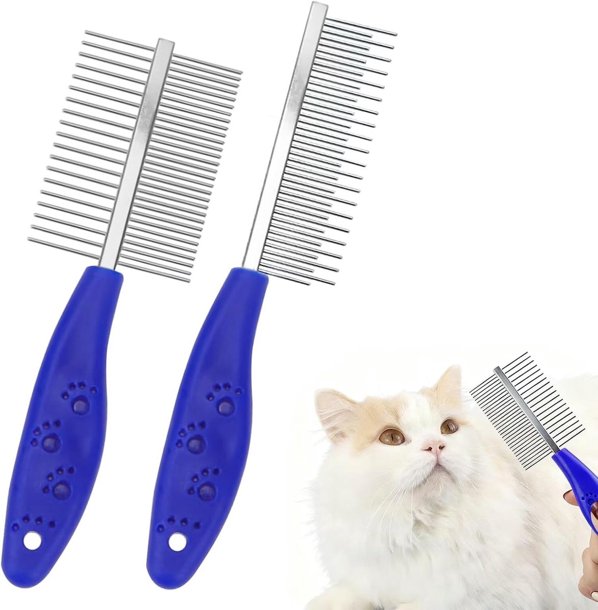 2 stuks hondenkam, kattenkam, dubbelzijdig metaal, afgeronde tanden + eenzijdige lange korte tandenkam, roestvrij staal, huisdierverzorgingskam, vachtkam voor huisdieren met kort/middel/lang haar