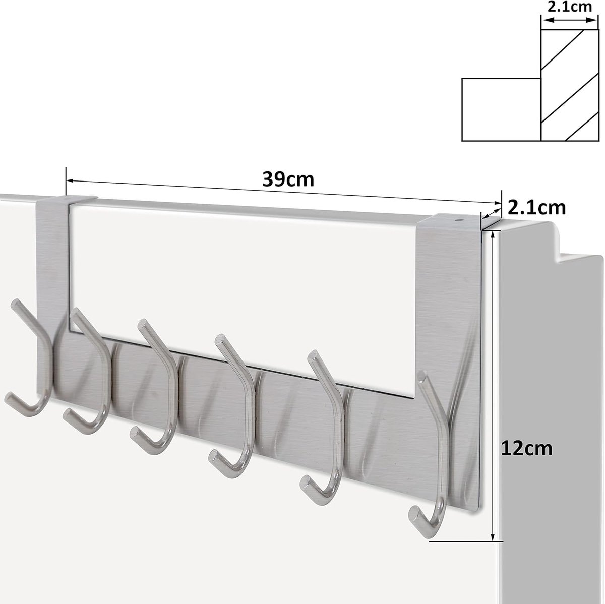 Deurhaak om op te hangen, deurgarderobe met 6 haken, kledinghaken, deur, deurhanger, deurhaaklijst binnenkant, 2,1 cm, zilver