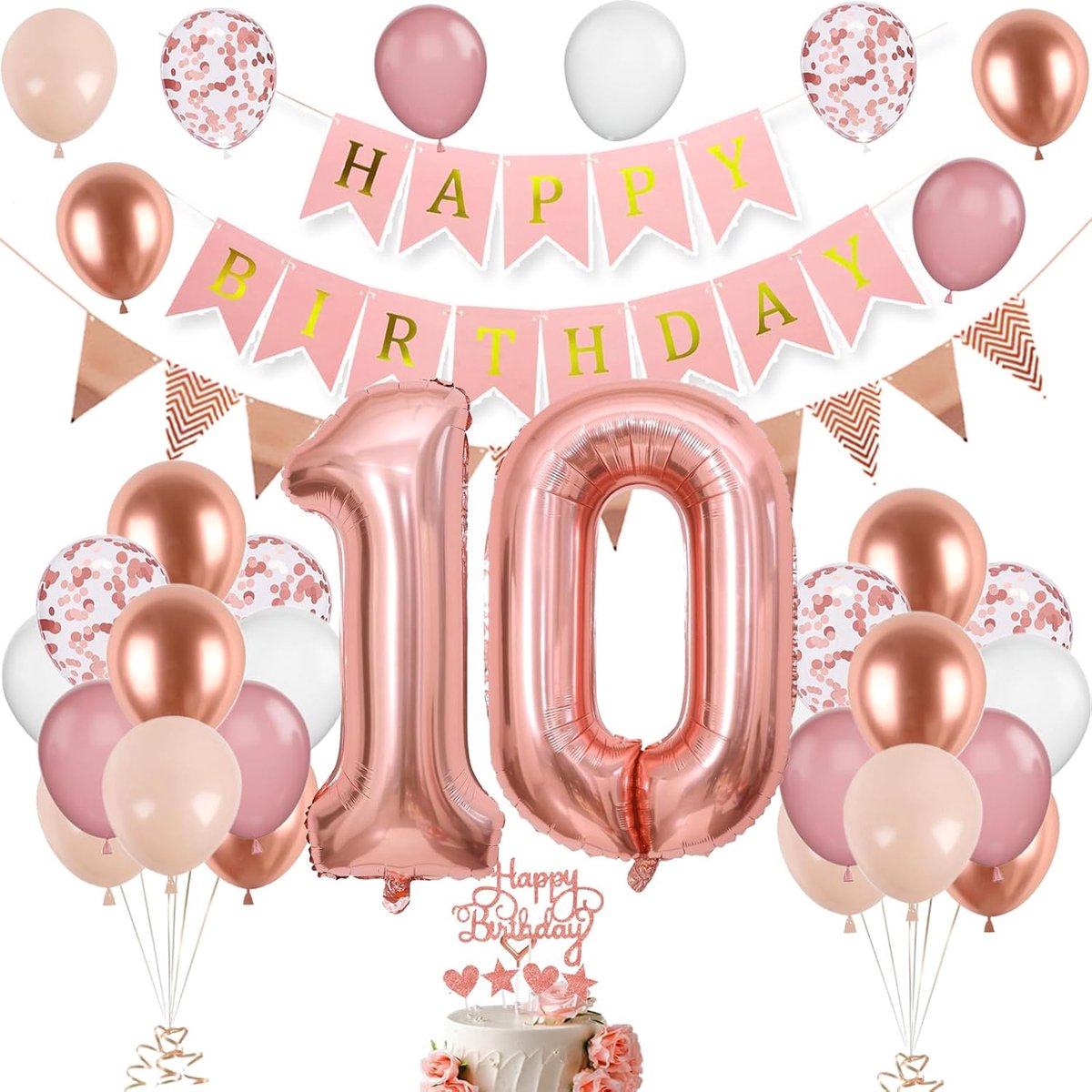 10e verjaardag decoratie roségoud, ballon 10e verjaardag, verjaardagsdecoratie 10 jaar, meisje 10 jaar verjaardag decoratieset, nummer 10 ballonnen taartdecoratie roségoud witte ballonnen voor