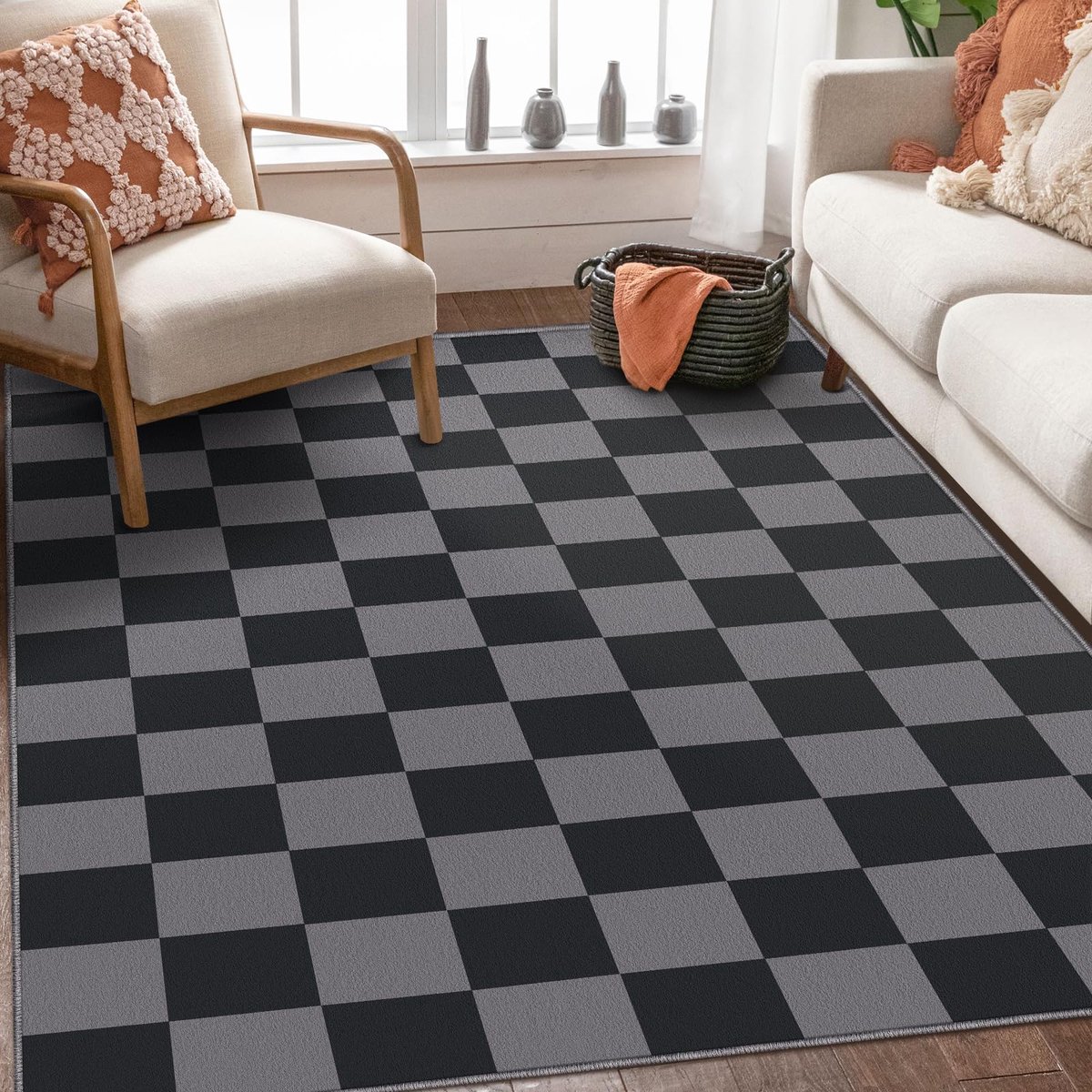 Vloerkleed 200×300 cm – superzacht – wasbaar & antislip – Ruitpatroon – Zwart-Grijs
