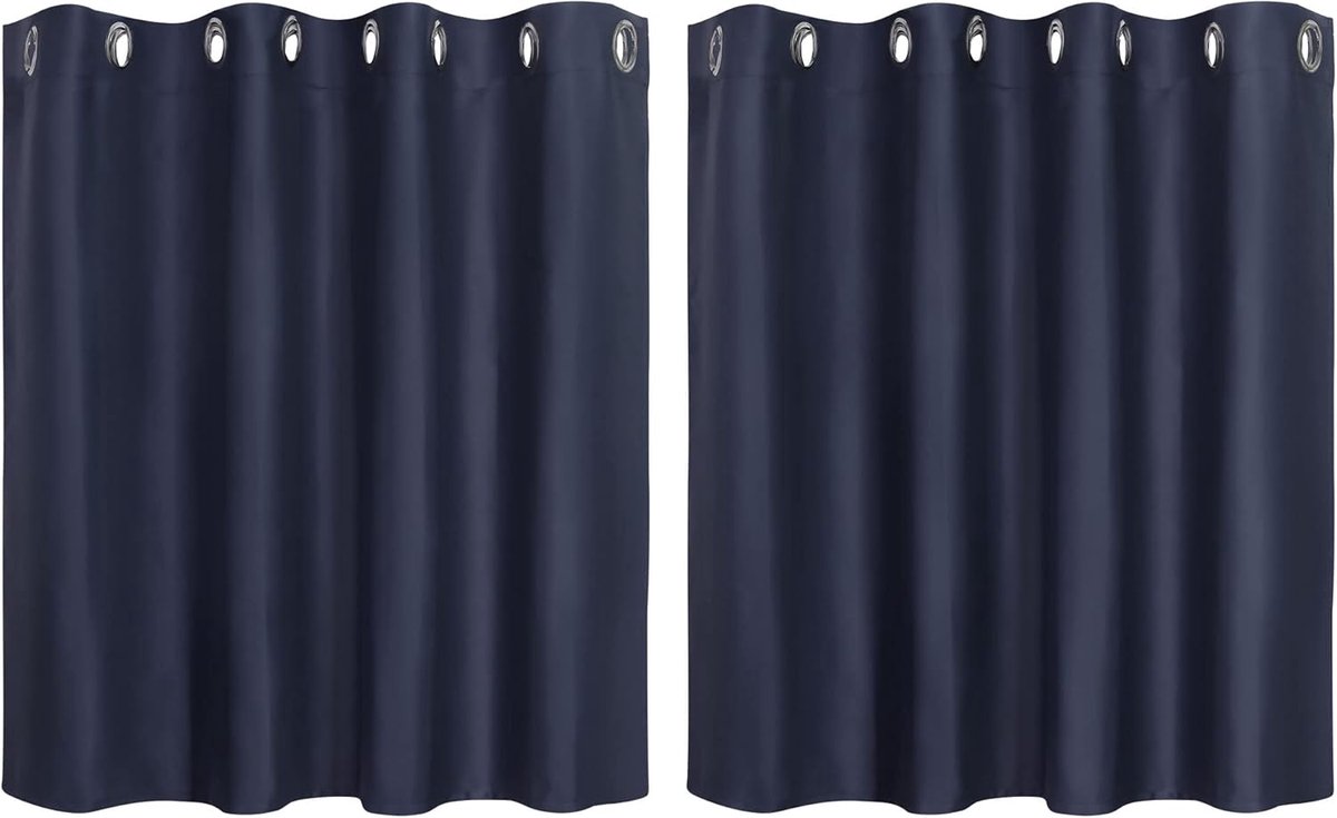 2 stuks gordijn voor keuken, polyester vitrage korte gordijnen, ondoorzichtig klein gordijn marineblauw 90H x 132B cm