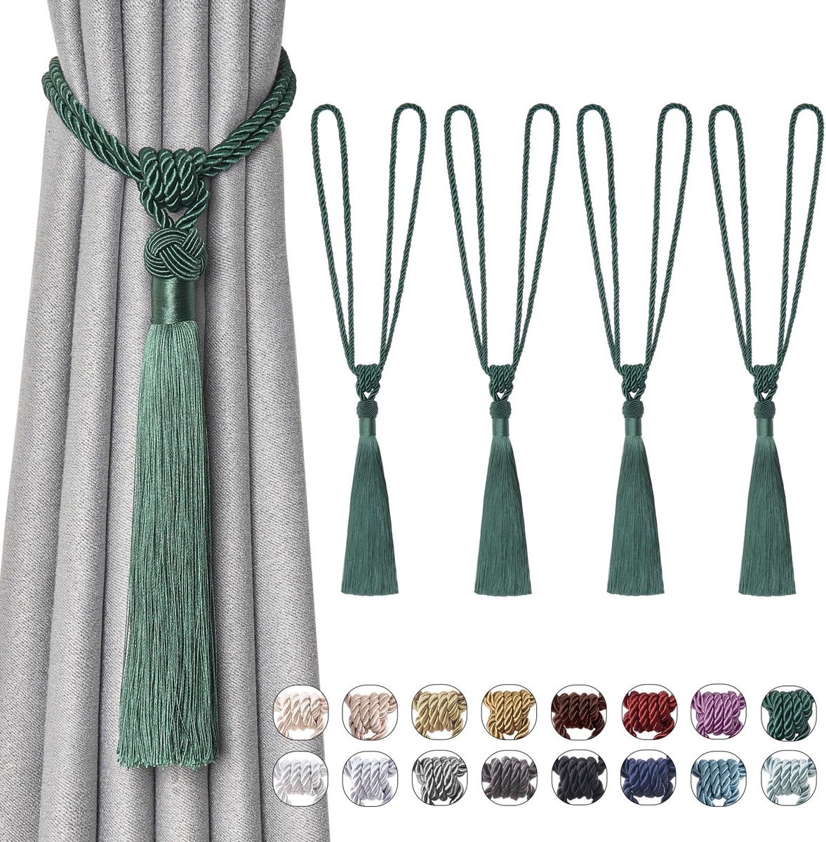 Gordijnhouders met lange kwastjes, handgemaakt, gevlochten touw, knopen, gedrapeerde gordijnhouders, elegante decoratieve gordijnhouders voor thuis en op kantoor, groen, 4 stuks