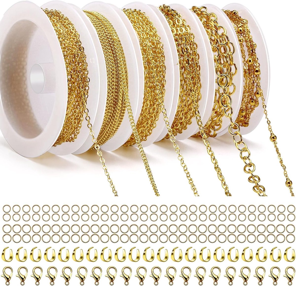 sieradenaccessoires met ringen, karabijnsluitingen en U-ringen, schakelketting per meter voor knutselsieraden, 6 rollen zilveren verbindingsketting met totale lengte van 14 meter