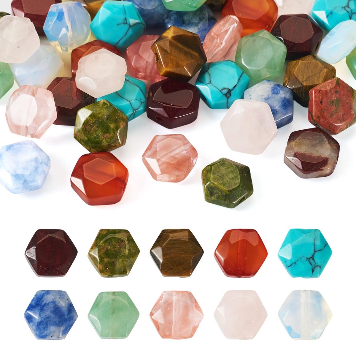 PandaHall Natuurlijke gemengde edelsteenkralen, facetgeslepen zeshoekige edelsteen losse kristallen stenen kralen voor doe-het-zelf armband, ketting, oorbel sieraden maken, 40 stuks