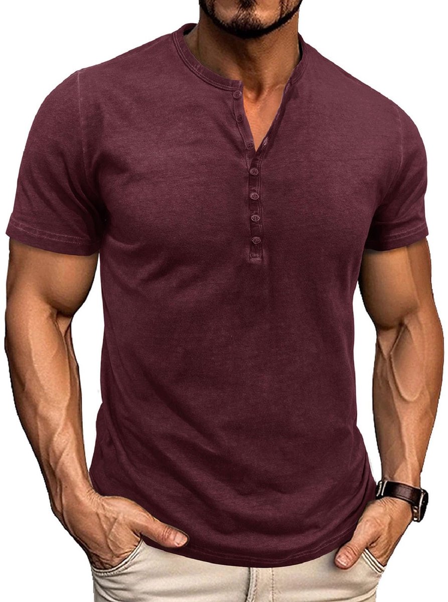 T-shirt voor heren, korte mouwen, zomer, t-shirts, V-hals, knoopsluiting, katoen, vintage, M-3XL