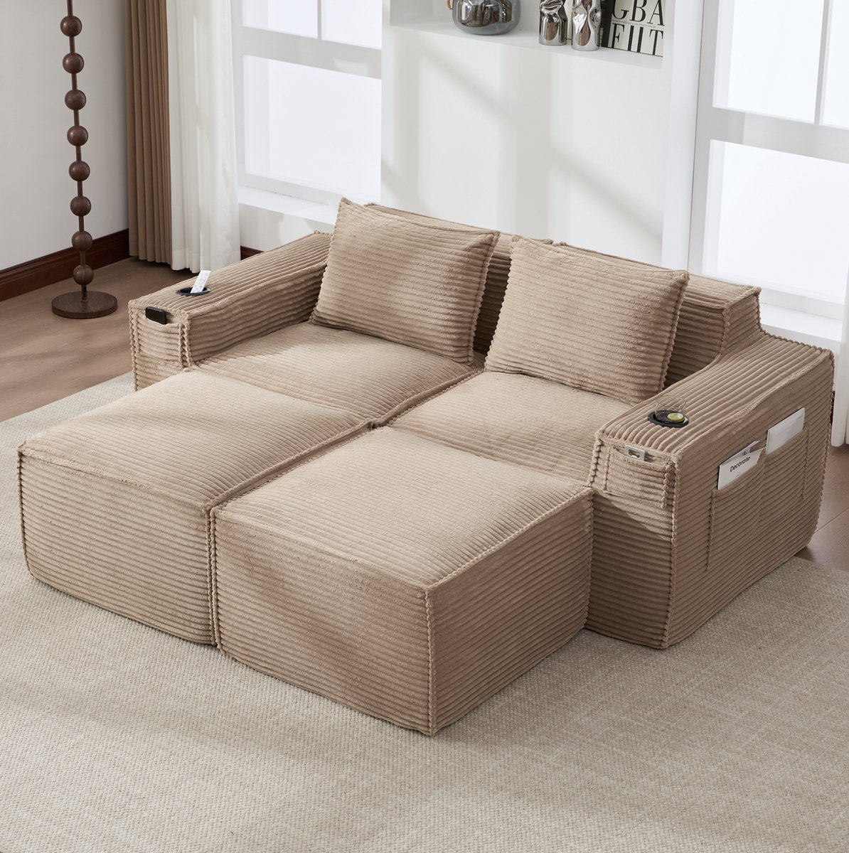 MIVRAY Modulaire Bank 2 Zits Met 2 Hockers, Bekerhouders En Opbergvakken, Corduroy, Khaki