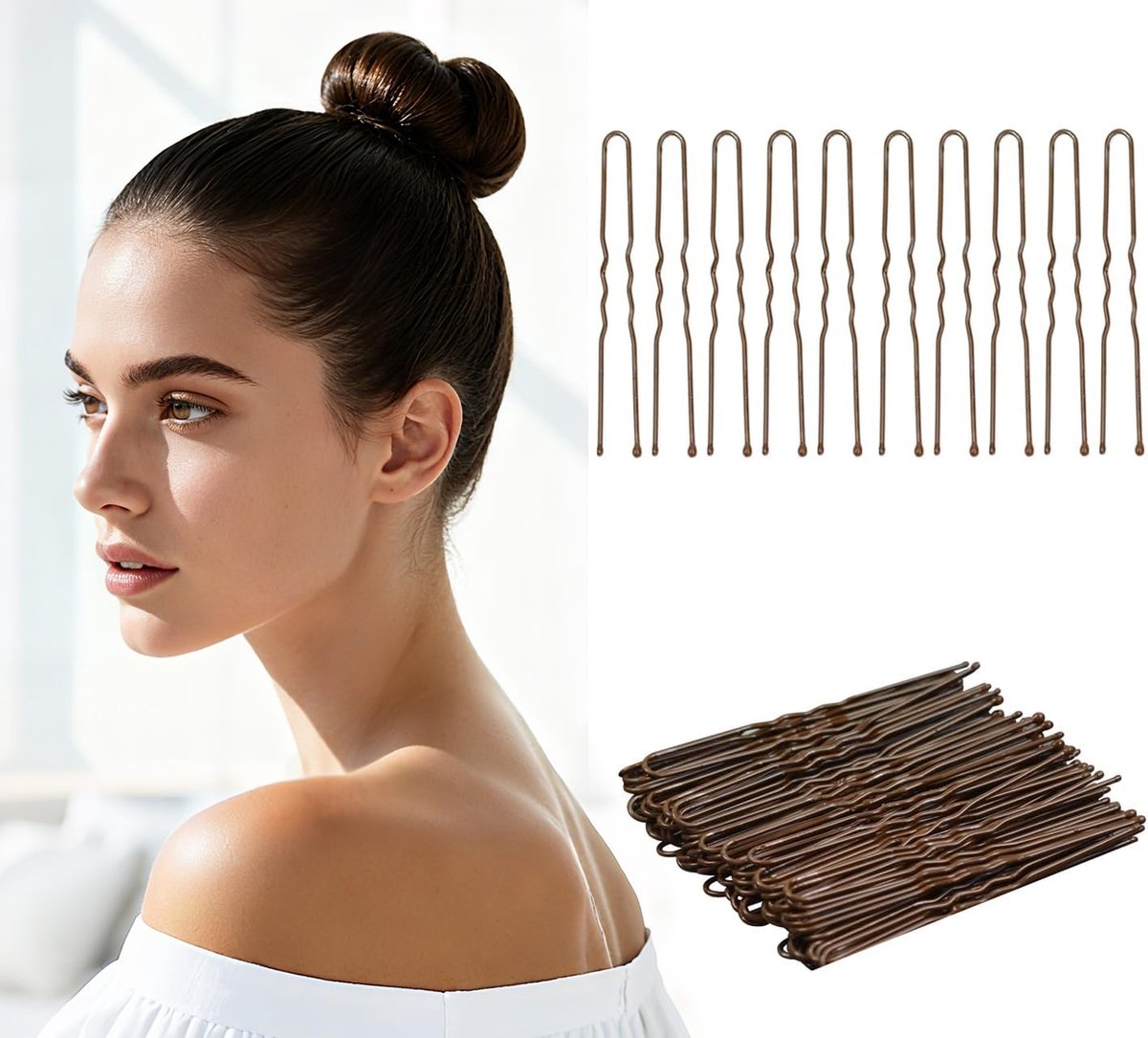 100 stuks U-vormige haarspelden voor vrouwen en meisjes, knot-haarspelden met opbergdoos (6 cm, bruin)