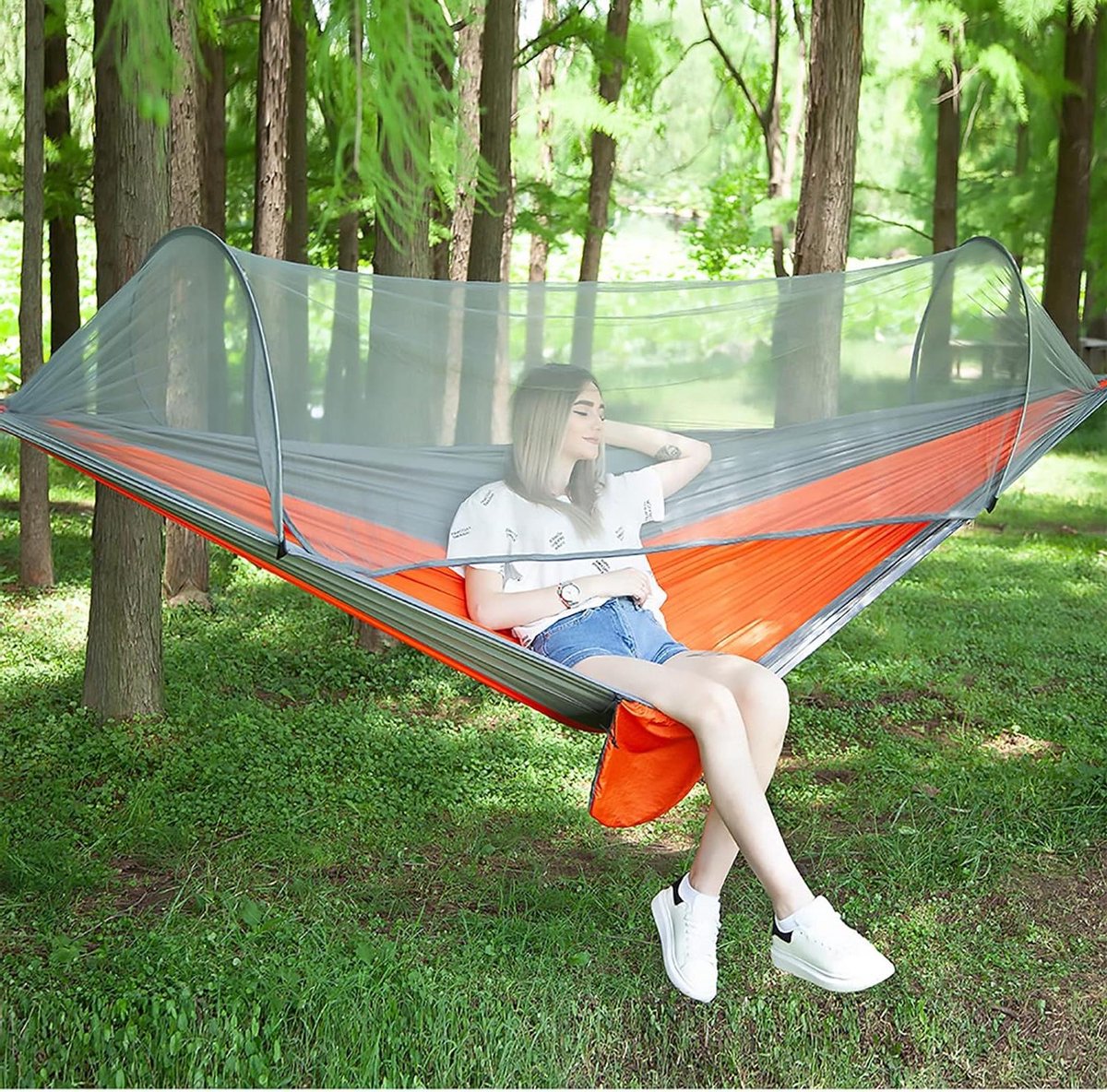 Campinghangmat met net - Draagbare schommel - Outdoor recreatie - Geïntegreerde klamboe - 290 x 140 cm - Oranje