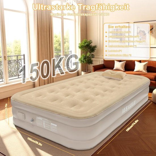 Luchtbed met Pomp - Draagbaar Matras - Extra Slaapplaats - Inclusief Nachtlampje - 190 x 100 cm - Beige — afbeelding 4