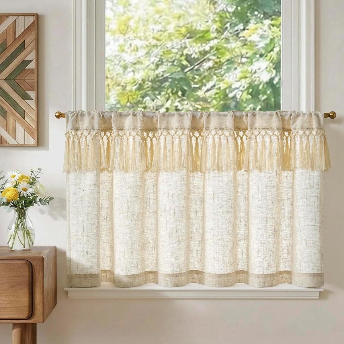 Linnen Gordijn met Franje - Bistro Gordijn Valletje - Raamdecoratie Thuis - Semi-Transparant Lichtdoorlatend - 60 x 127 cm - Beige