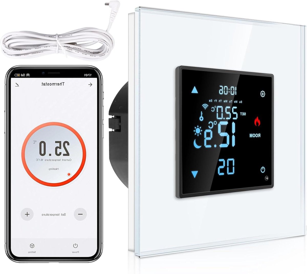 Slimme Inbouwthermostaat - Digitale Kamerthermostaat - Comfortabel Wonen - App en Spraakbediening - 8.3 x 8.3 x 5.5 cm - Wit