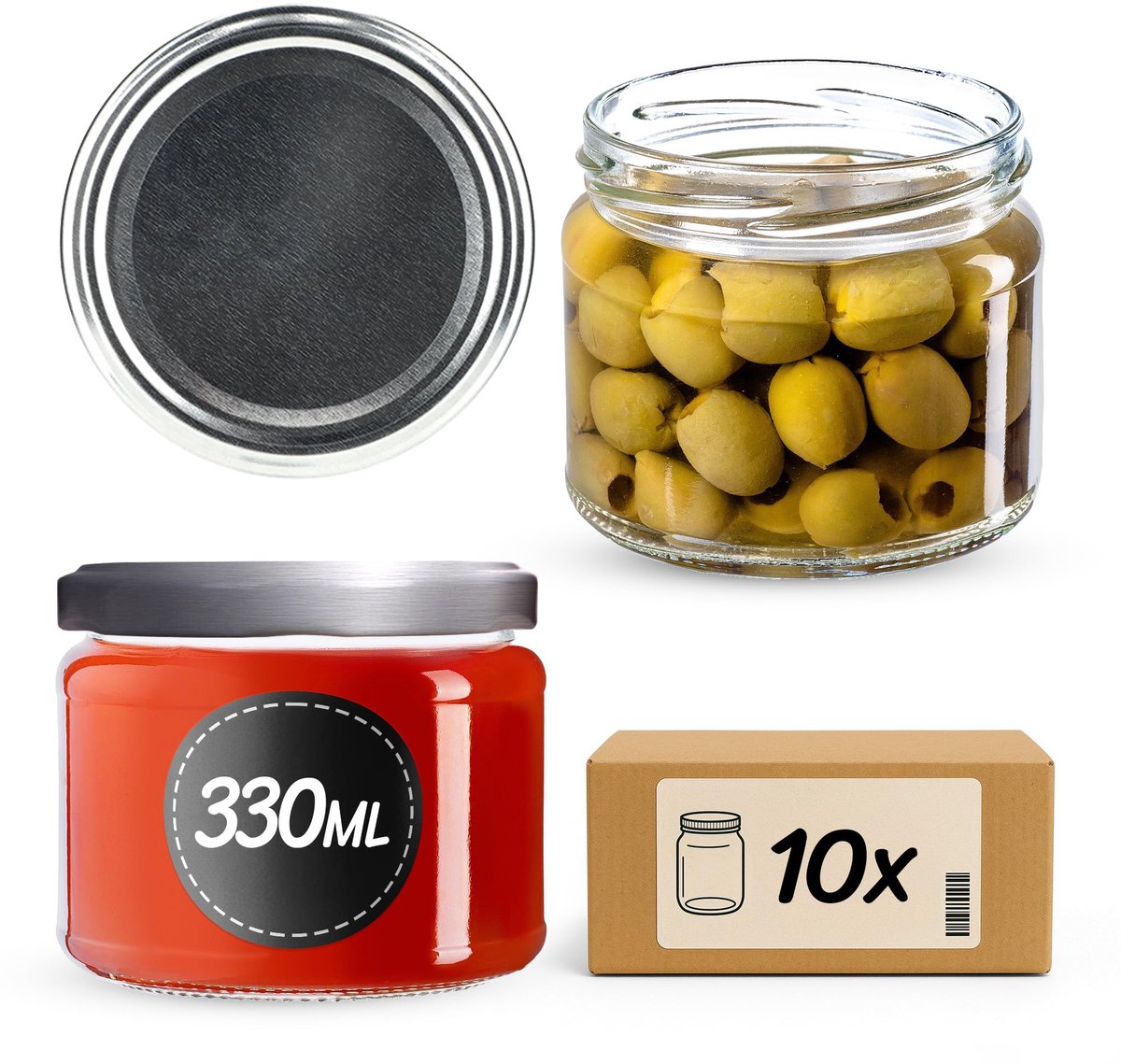 Set van 10 jampotten, 330 ml, TO82, zilver, inmaakpotten, voorraadpotten met schroefdeksel, luchtdichte schroefpotten, honing en jam