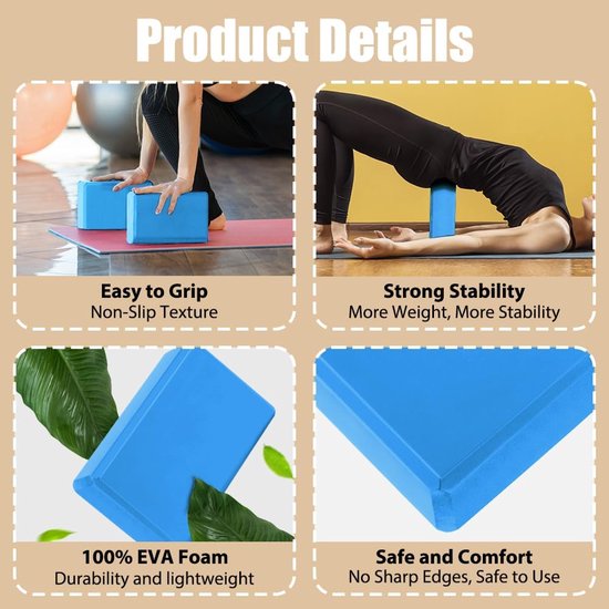 Yogablokken Set - Fitnessstenen Pilatesblok - Oefening Verbeteren - Antislip EVA Schuim - 23 x 25 x 8 cm - Blauw — afbeelding 2