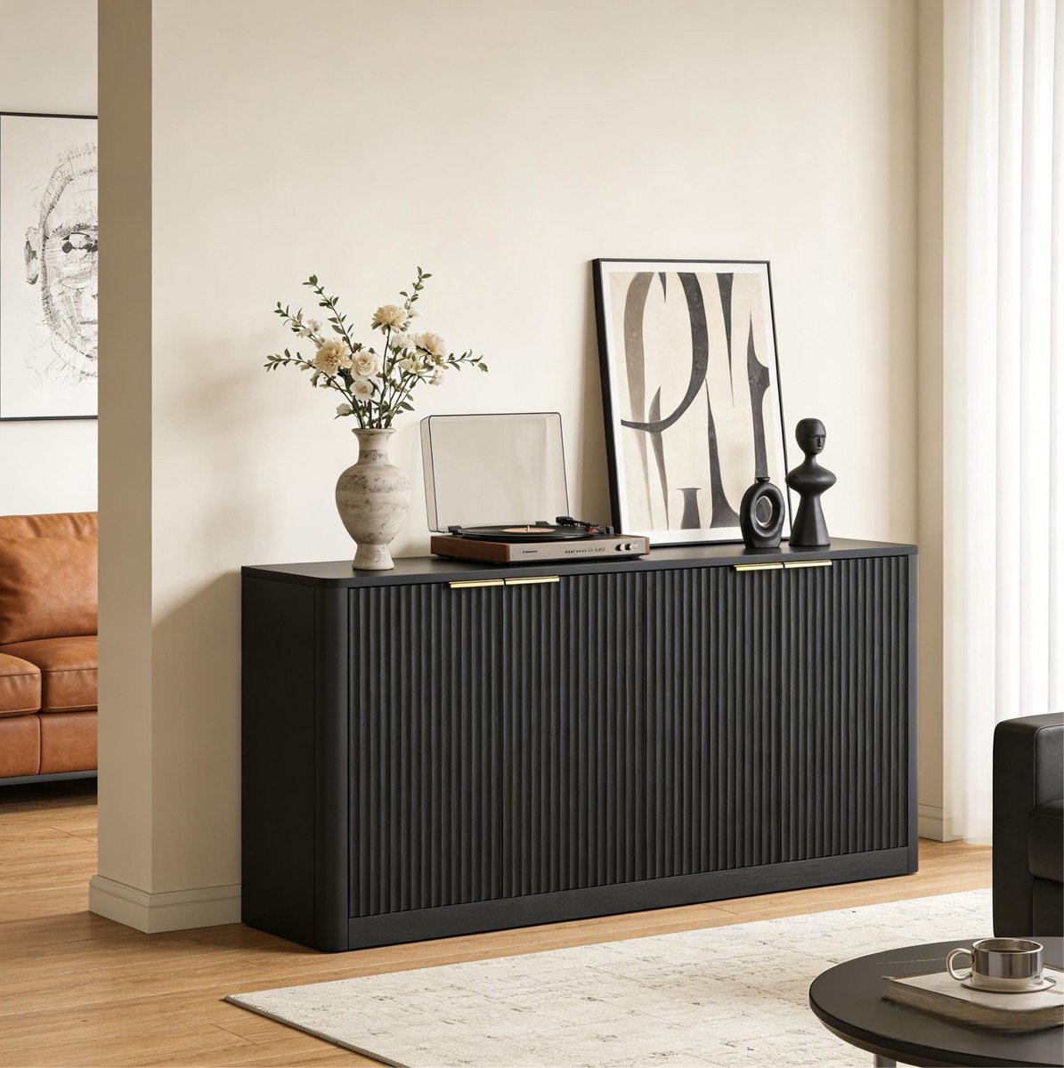 MIVRAY Dressoir - 4-Deurs Opbergkast Met Gegolfd Front - Veelzijdig Voor Woonkamer Keuken Of Hal - MDF - 150x40x70,5 Cm - Zwart