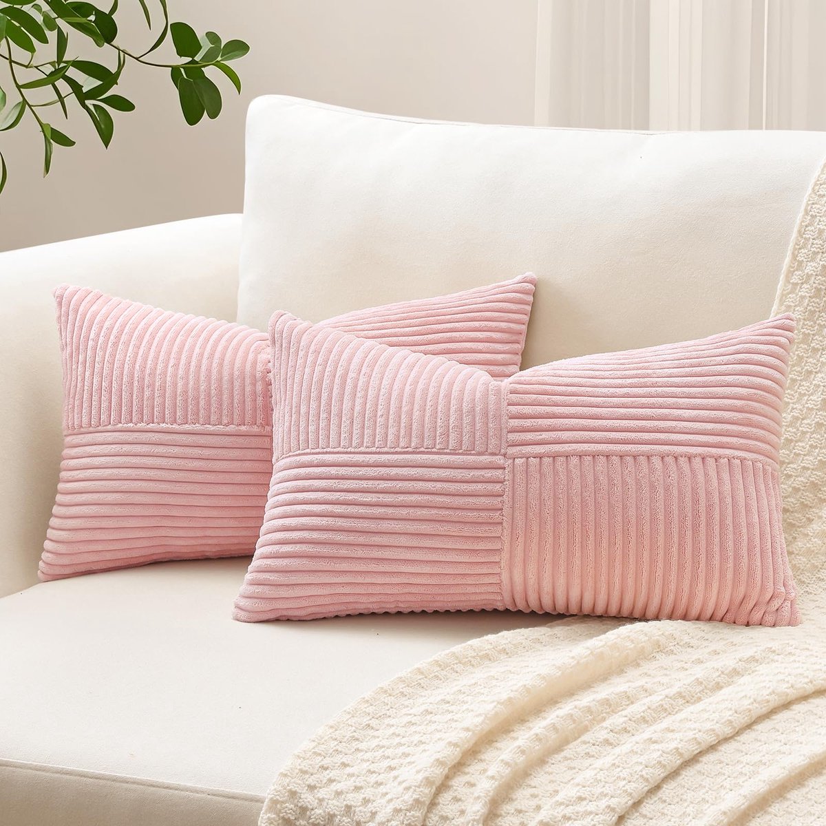 Set van 2 corduroy kussenslopen, kruisstrepen patroon, corduroy kussensloop, sofakussen, decokussen, patchwork design, decoratief sierkussenovertrek, kussenhoes voor woonkamer (40x60cm, roze)