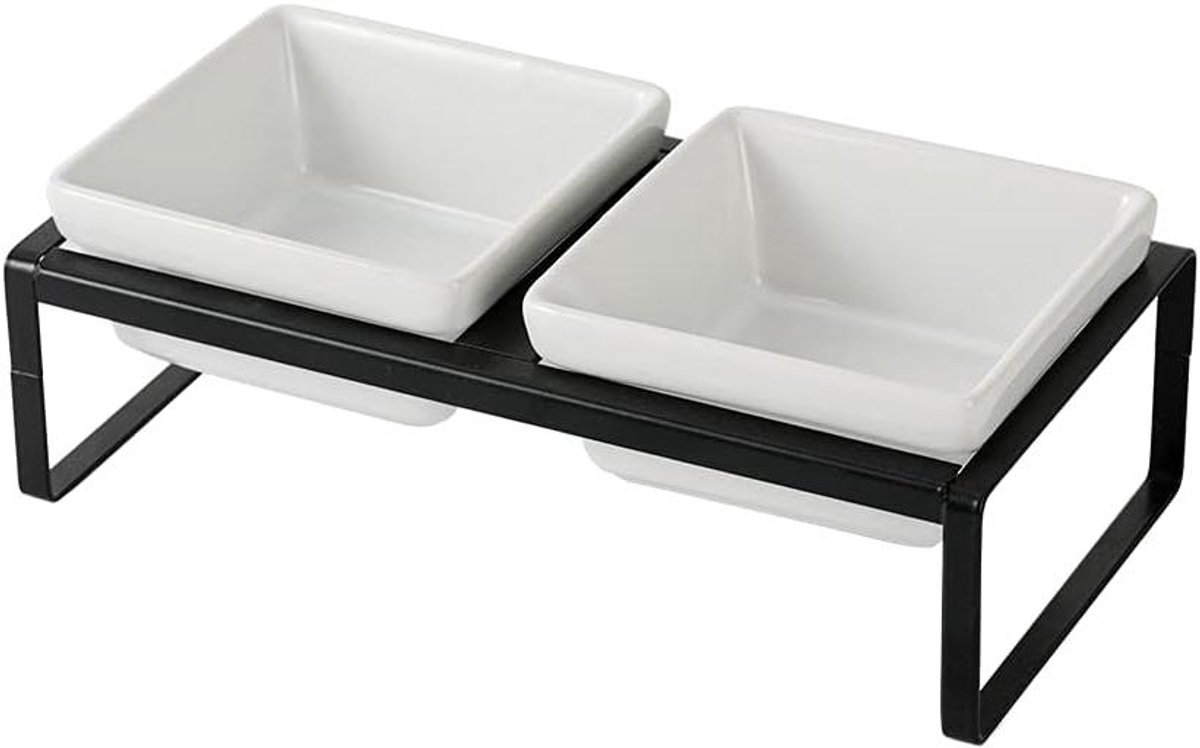 Kattenbak met Standaard - Voerbak Huisdier - Comfortabel Eten - Verhoogde Nekondersteuning - 2 x 280 ml - Wit