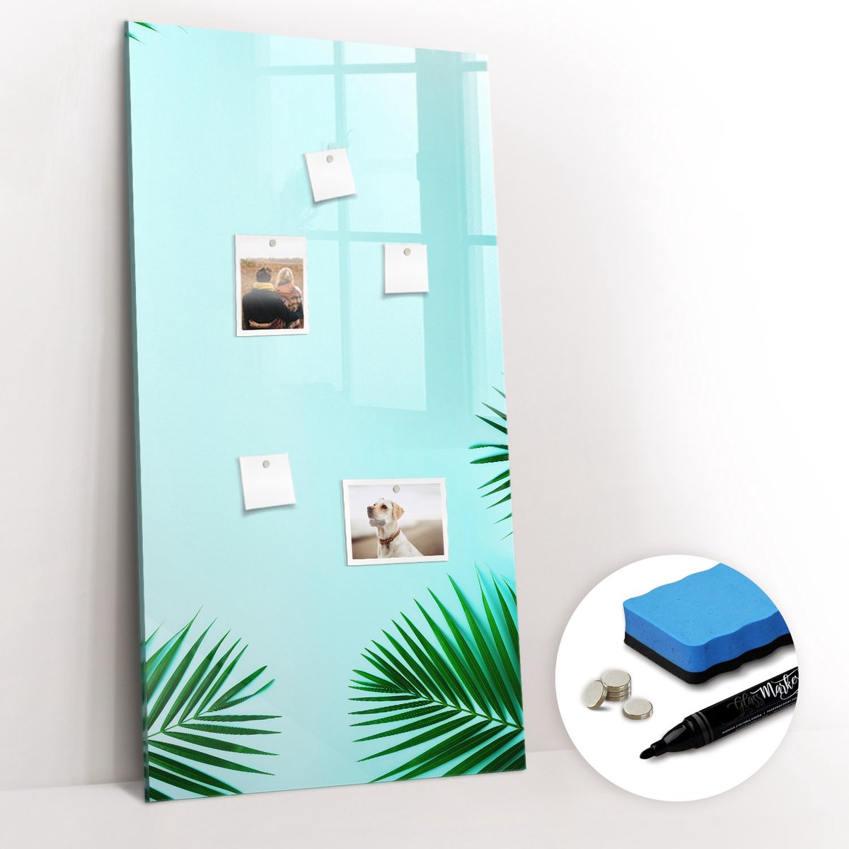 Tulup Whitebord - Tropische bladeren - 60 x 120 cm - Blauw Magneetbord Design - Gratis 5 Sterke Magneten + Whiteboard Marker & Wisser - Stylish Memo Board - Magneetbord Keuken - Organiseer Je Bureau