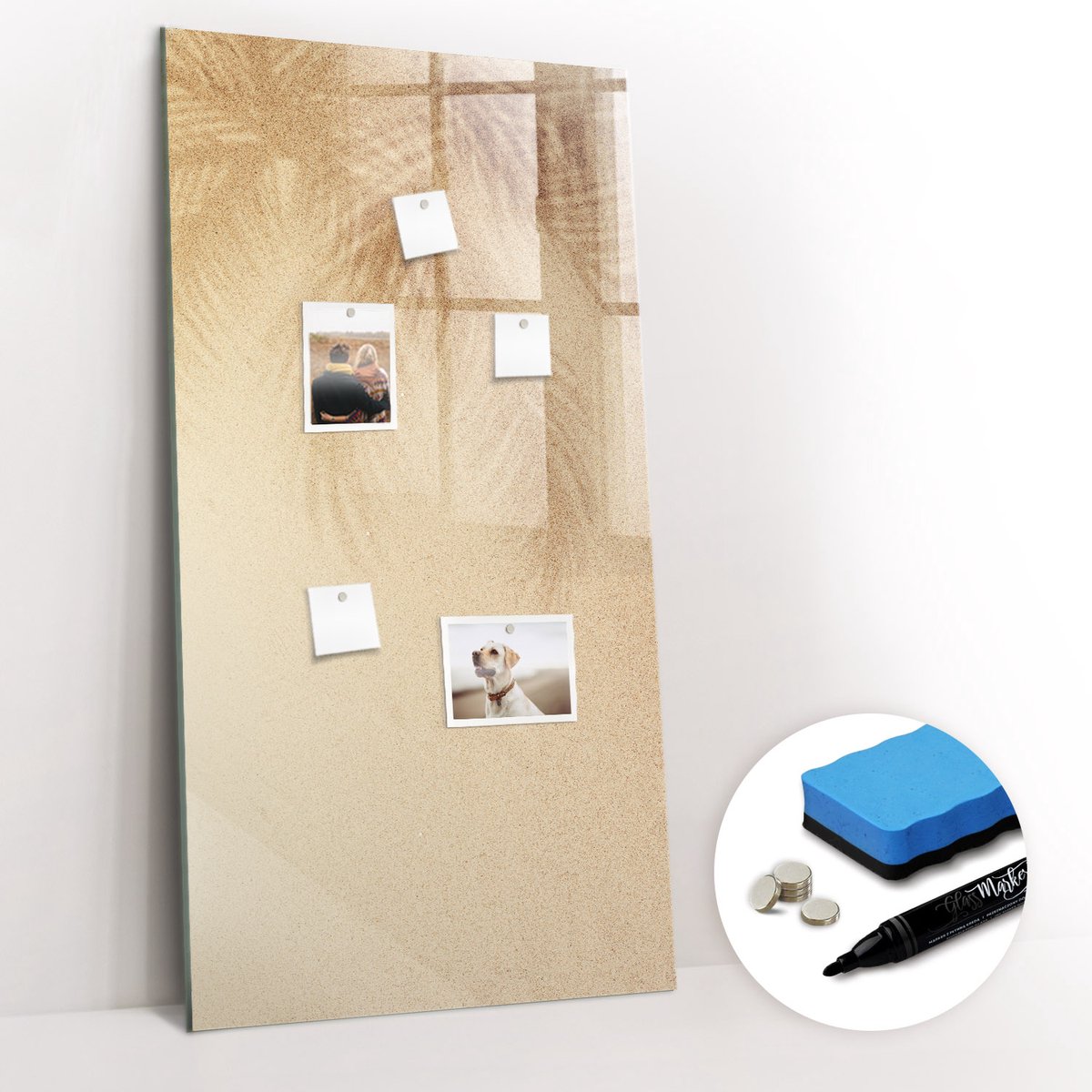 Tulup Whitebord - De schaduw van palmbladeren - 60 x 120 cm - Beige Memobord Glas - Gratis 5 Sterke Magneten + Whiteboard Marker & Wisser - Organizer Muur - Magneetbord Muur - Notitiebord Werkplek