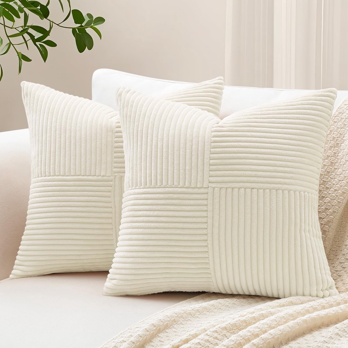Set van 2 decoratieve kussenslopen 40 x 40 cm, zacht, corduroy gestreept kruis patchwork, getextureerde kussenslopen, effen, vierkante kussenslopen voor slaapbank, terras, 40 x 40 cm, crèmewit