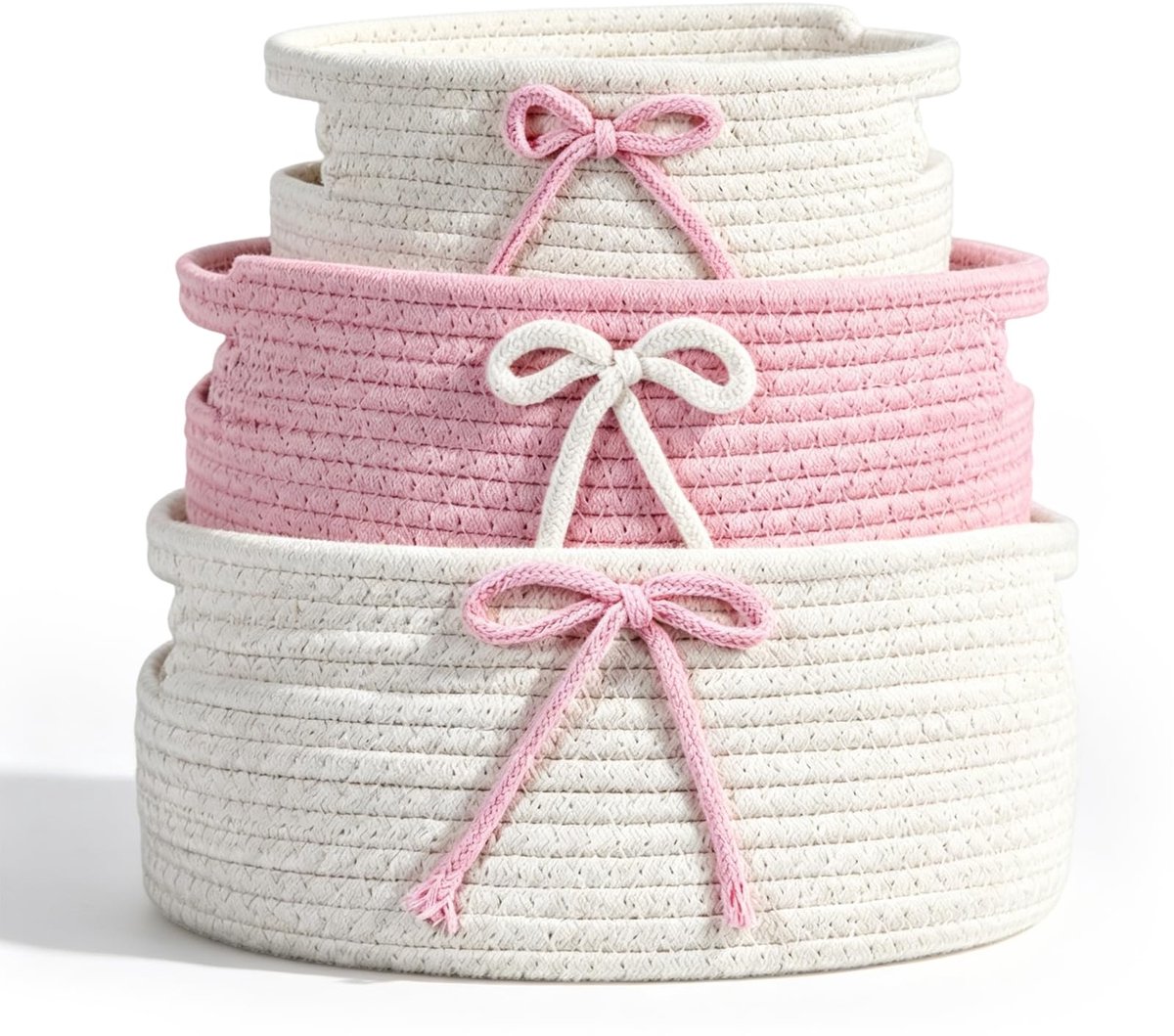 Opbergmanden, set van 3, roze en wit, gevlochten manden met handvat, katoenen touwmand voor baby, cadeau en organisatie, decoratieve mand in 3 maten voor slaapkamer, badkamer en kinderkamer