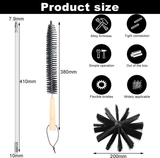 24-delige buisreinigingsset met 18 stangen van 41 cm, 2 borstelkoppen 20 cm, 2 stuks 4,5 cm zeskantstang, borstel met houten handvat 38 cm — afbeelding 5