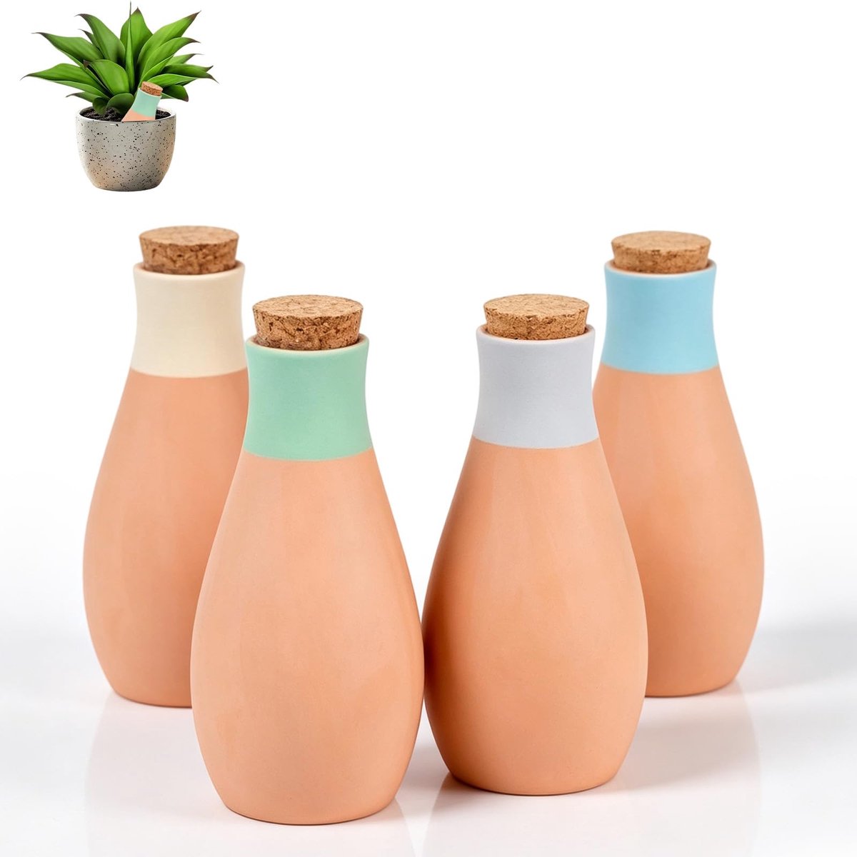 Terracotta bewateringsballen, 4 stuks, 400 ml, zelfbewaterende ballen voor kamerplanten en balkonbakken, flesvorm, wortelzone-irrigatie, keramiek, minder waterverlies, 7,5 x 7,5 x 16,3 cm