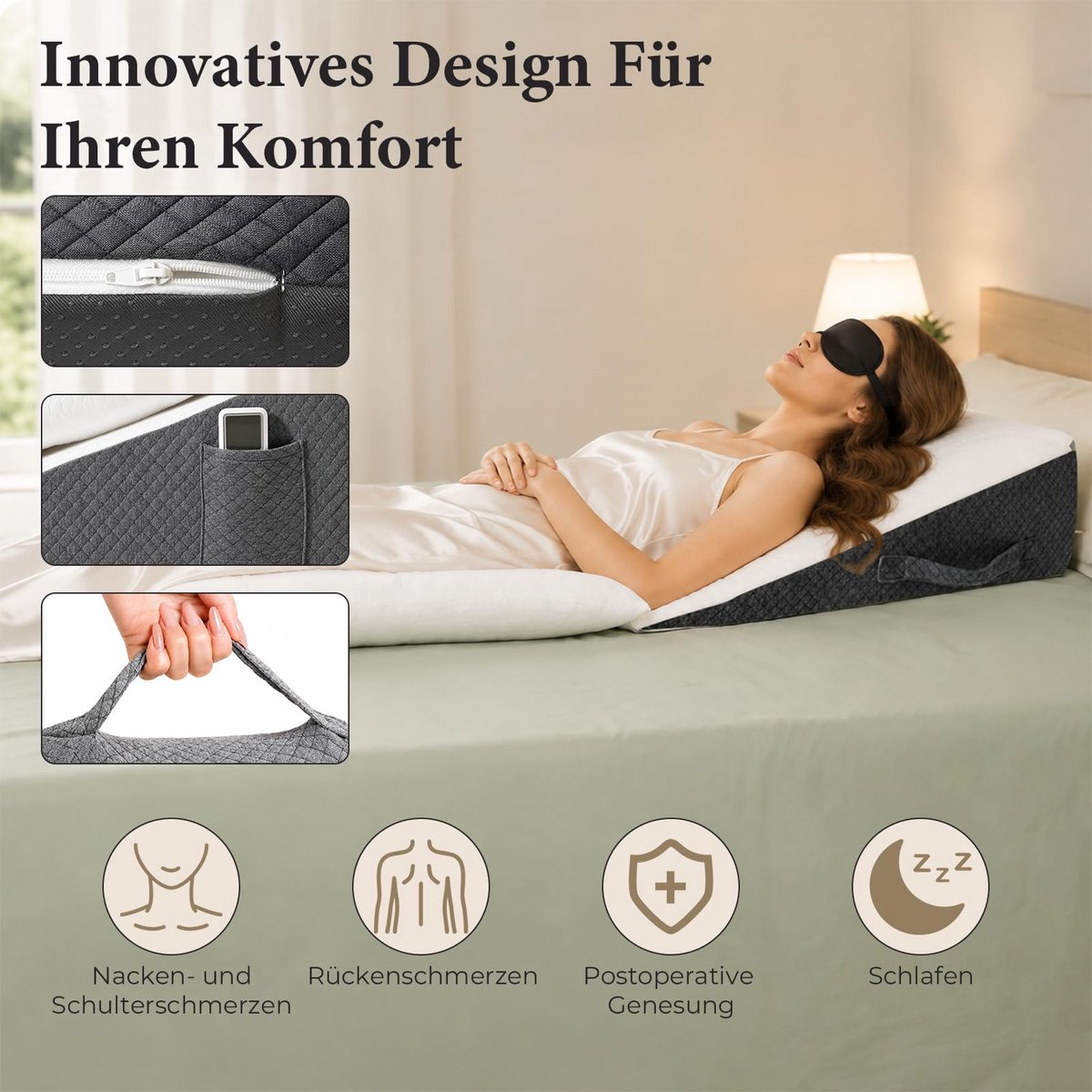 Wigkussen voor bed en bank, dubbel traagschuim, leeskussen voor rugkussen, bedhoogte, ergonomisch hoofdkussen, bedwig voor reflux slaapapneue, beenkussen, 61 x 61 x 30 cm