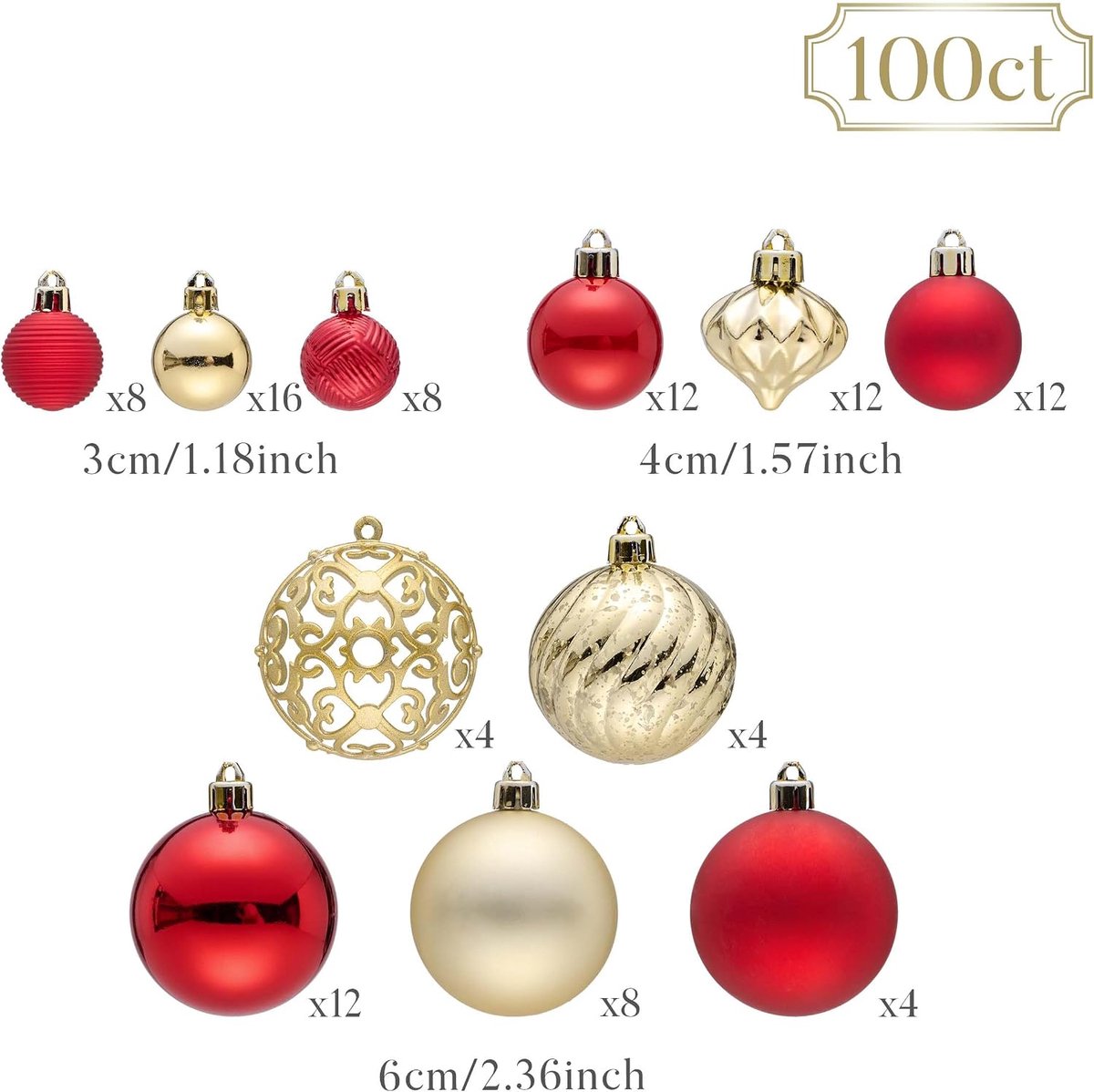 100 Stuks Kerstballen Roodgoud Set - Onbreekbare Kerstboomversiering Ornamenten – foto 6